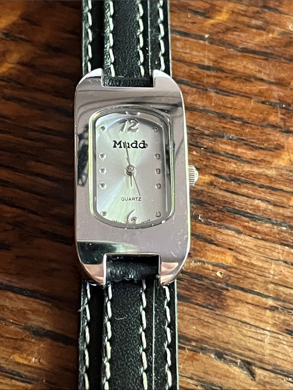 Mudd Silver-Tone Rectangular Watch with Black Strap
